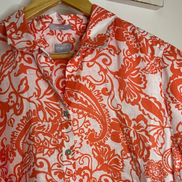 Chicos Size 2.5 Bright Coral Orange Floral No Iron Blouse - Picture 4 of 6